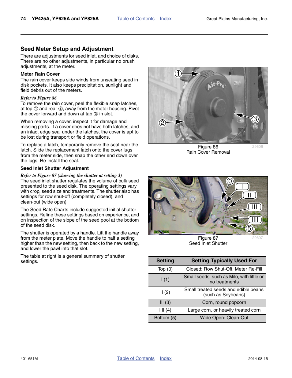 Seed meter setup and adjustment, Meter rain cover, Seed inlet shutter adjustment | Meter rain cover seed inlet shutter adjustment, 0| ii iii |||| 5 | Great Plains YP825A Operator Manual User Manual | Page 78 / 182