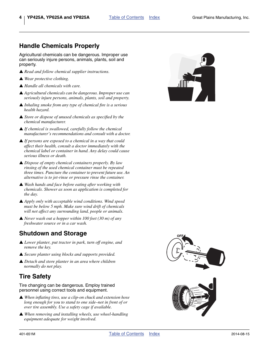 Handle chemicals properly, Shutdown and storage, Tire safety | Great Plains YP825A Operator Manual User Manual | Page 8 / 182