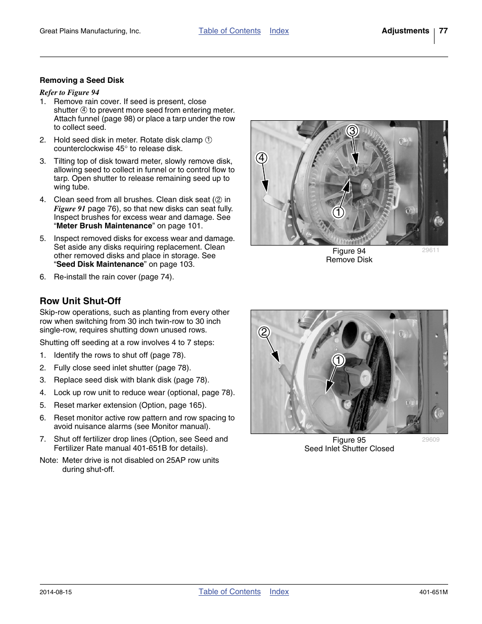 Removing a seed disk, Row unit shut-off | Great Plains YP825A Operator Manual User Manual | Page 81 / 182