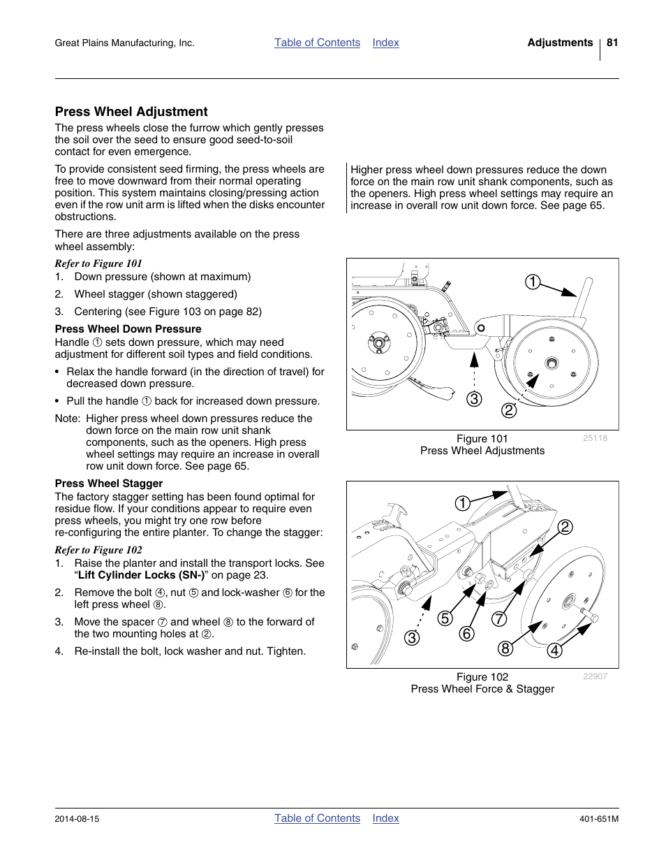 Press wheel adjustment, Press wheel down pressure, Press wheel stagger | Press wheel down pressure press wheel stagger | Great Plains YP825A Operator Manual User Manual | Page 85 / 182