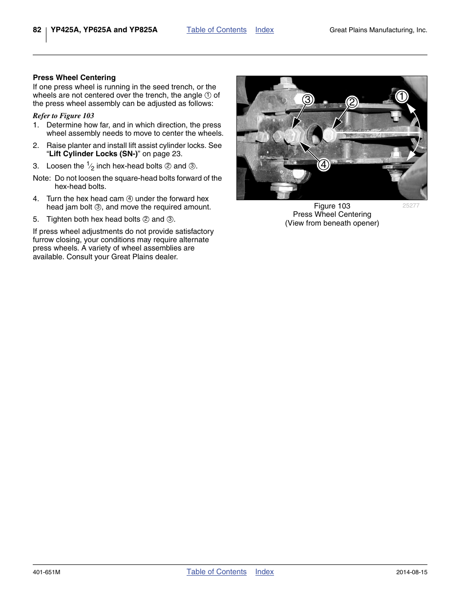 Press wheel centering | Great Plains YP825A Operator Manual User Manual | Page 86 / 182