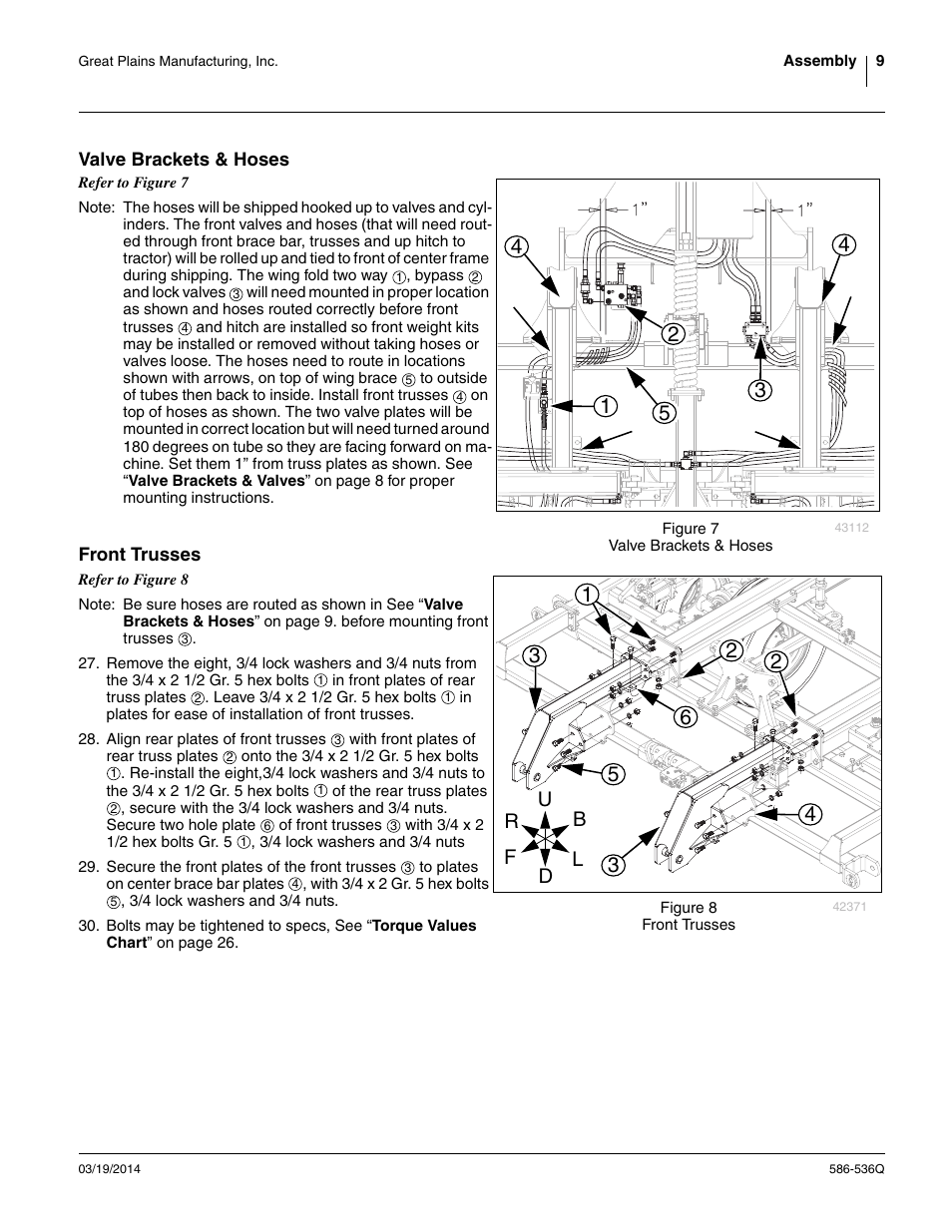 Valve brackets & hoses, Front trusses, Valve brackets & hoses front trusses | Great Plains 3000TM Predelivery Manual User Manual | Page 13 / 52