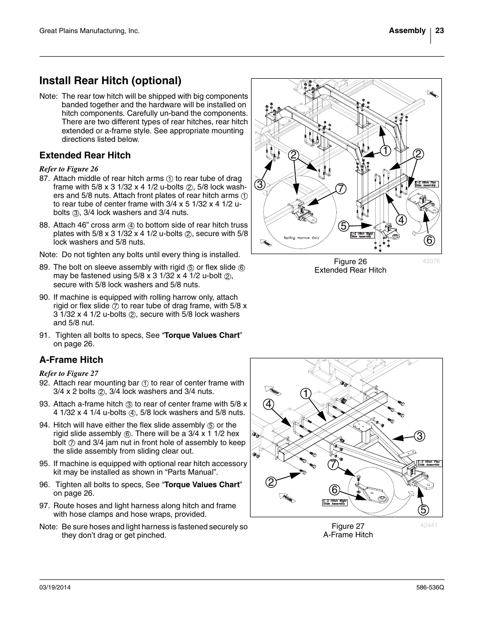 Install rear hitch (optional), Extended rear hitch, A-frame hitch | Extended rear hitch a-frame hitch | Great Plains 3000TM Predelivery Manual User Manual | Page 27 / 52