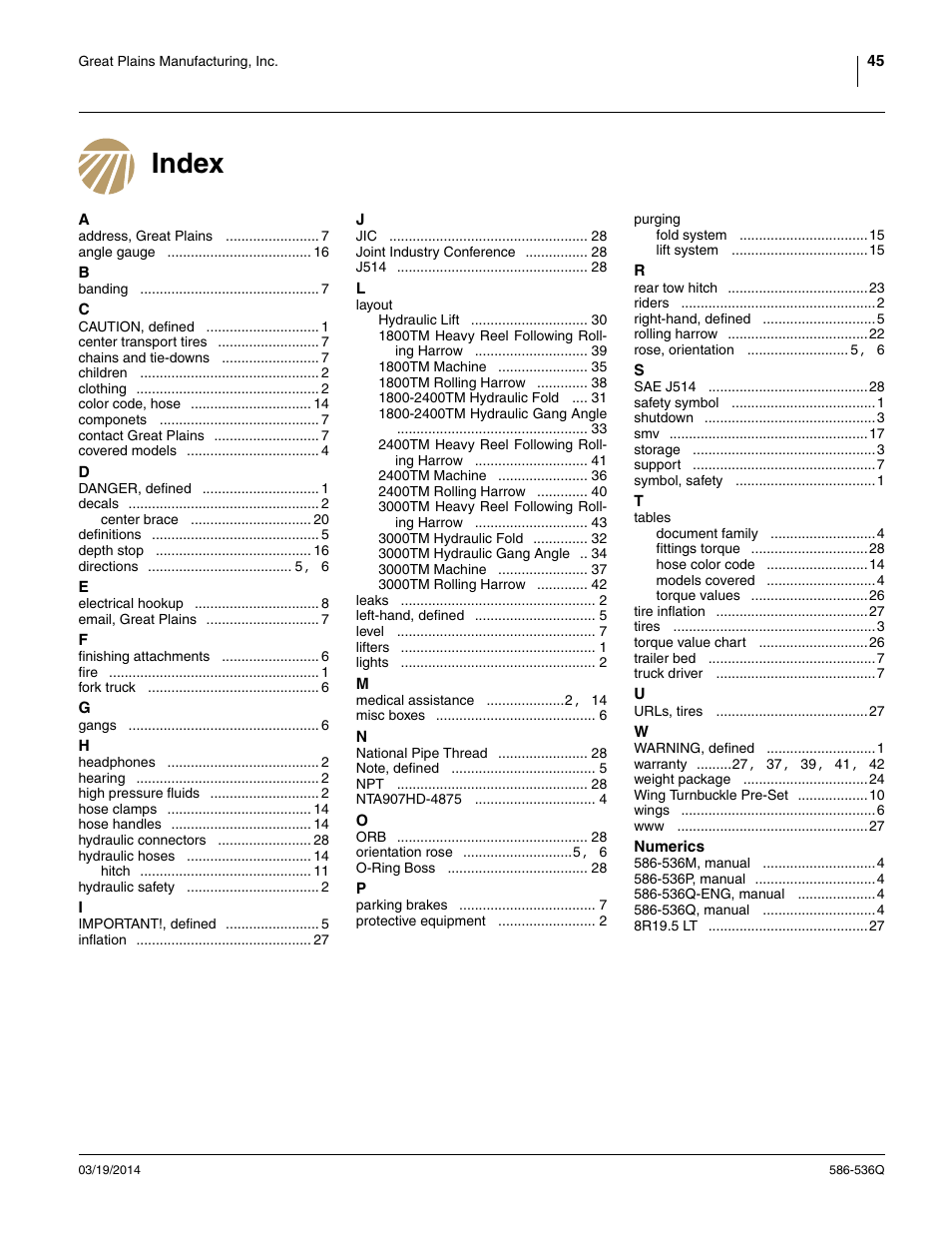 Index | Great Plains 3000TM Predelivery Manual User Manual | Page 49 / 52
