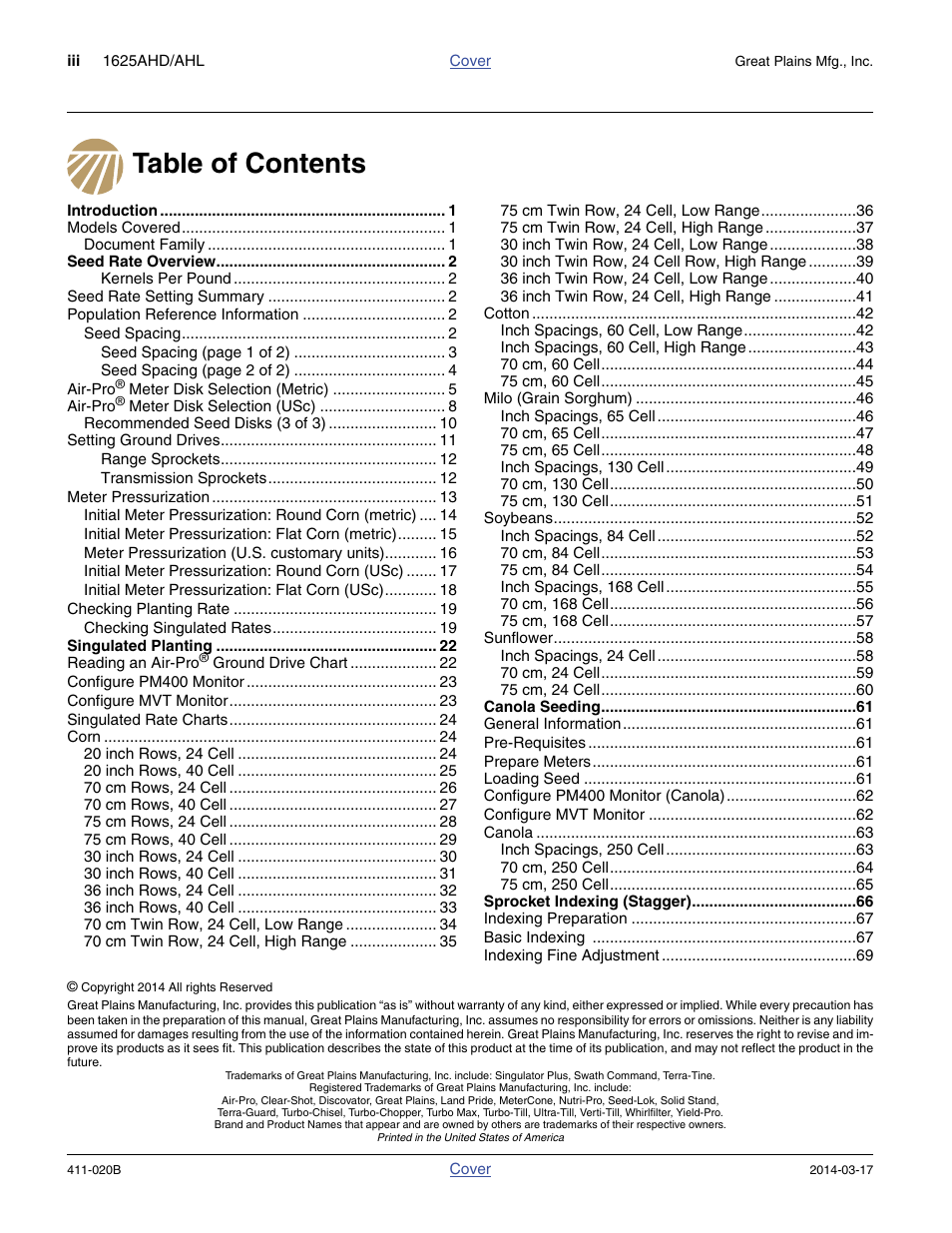 Great Plains 1625AHL Material Rate User Manual | Page 3 / 108
