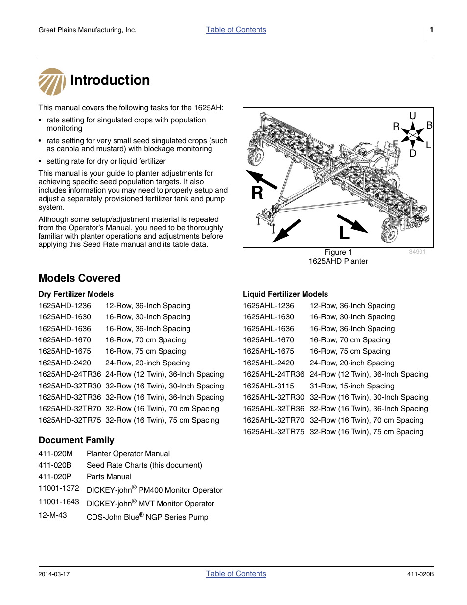 Introduction, Models covered, Dry fertilizer models | Document family, Liquid fertilizer models, Introduction models covered | Great Plains 1625AHL Material Rate User Manual | Page 5 / 108