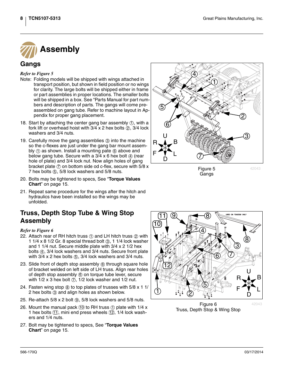 Assembly, Gangs, Truss, depth stop tube & wing stop assembly | Great Plains TCN5313 Predelivery Manual User Manual | Page 12 / 42