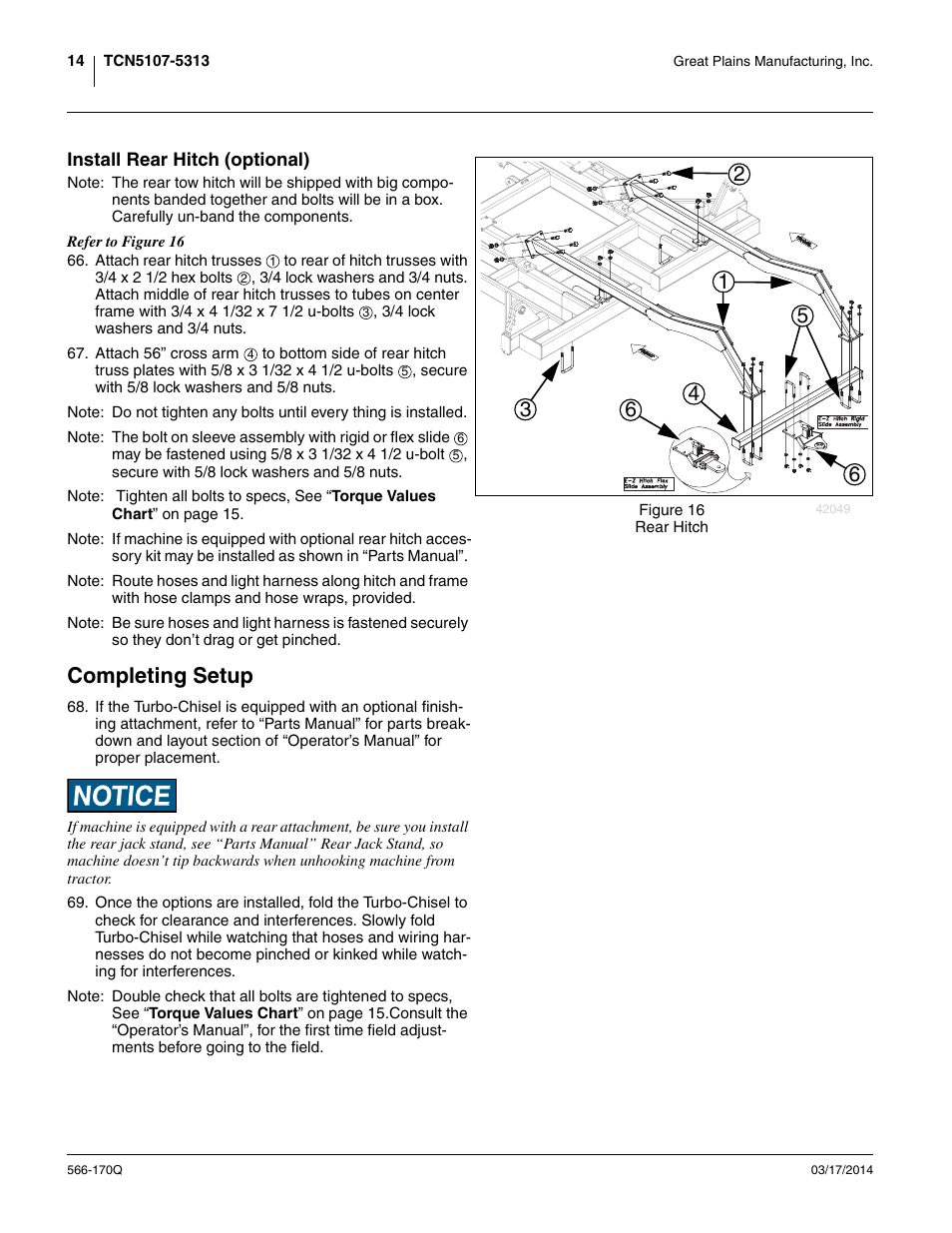 Install rear hitch (optional), Completing setup | Great Plains TCN5313 Predelivery Manual User Manual | Page 18 / 42