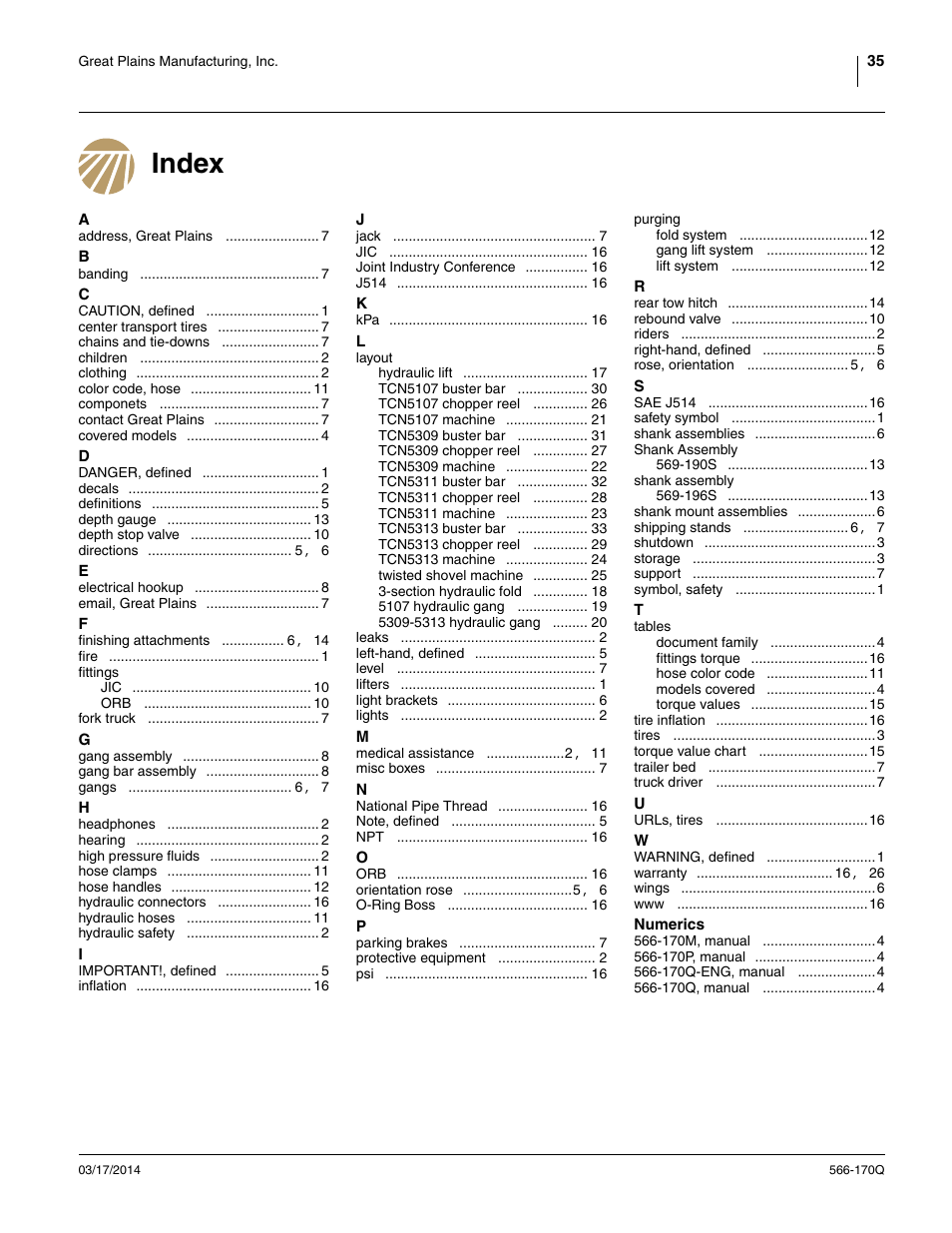 Index | Great Plains TCN5313 Predelivery Manual User Manual | Page 39 / 42