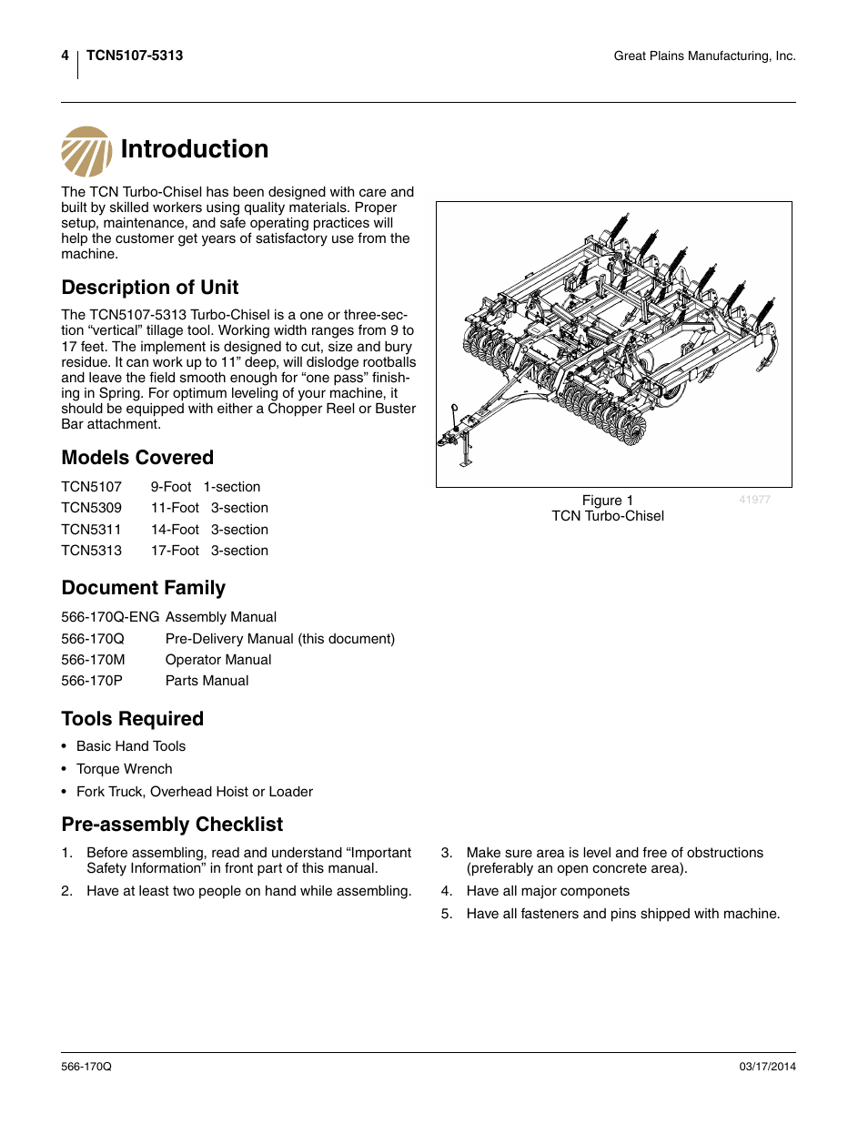 Introduction, Description of unit, Models covered | Document family, Tools required, Pre-assembly checklist, Models covered document family tools required | Great Plains TCN5313 Predelivery Manual User Manual | Page 8 / 42