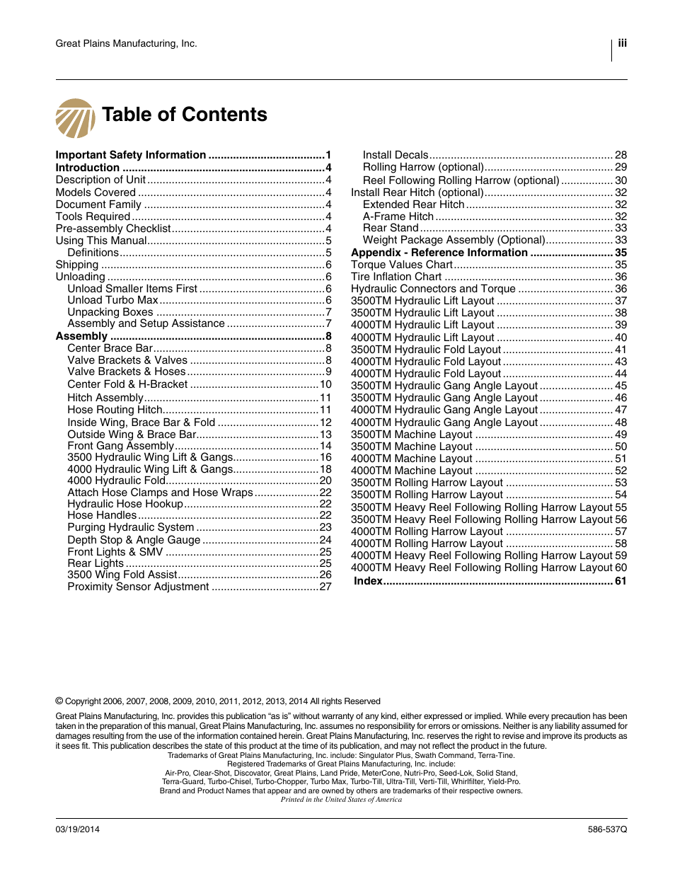 Great Plains 4000TM Predelivery Manual User Manual | Page 3 / 68