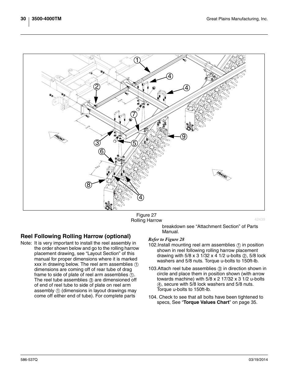 Reel following rolling harrow (optional) | Great Plains 4000TM Predelivery Manual User Manual | Page 34 / 68