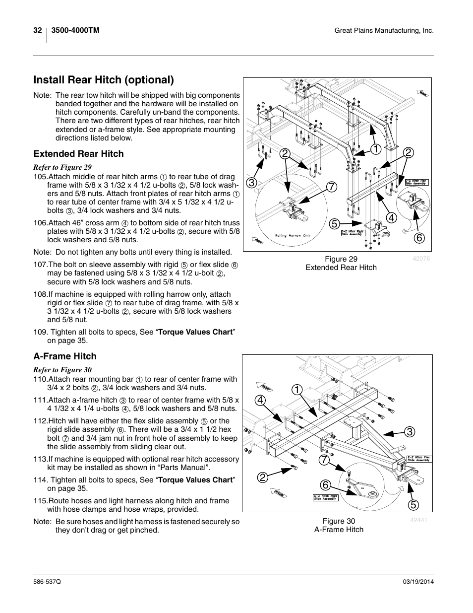Install rear hitch (optional), Extended rear hitch, A-frame hitch | Extended rear hitch a-frame hitch | Great Plains 4000TM Predelivery Manual User Manual | Page 36 / 68