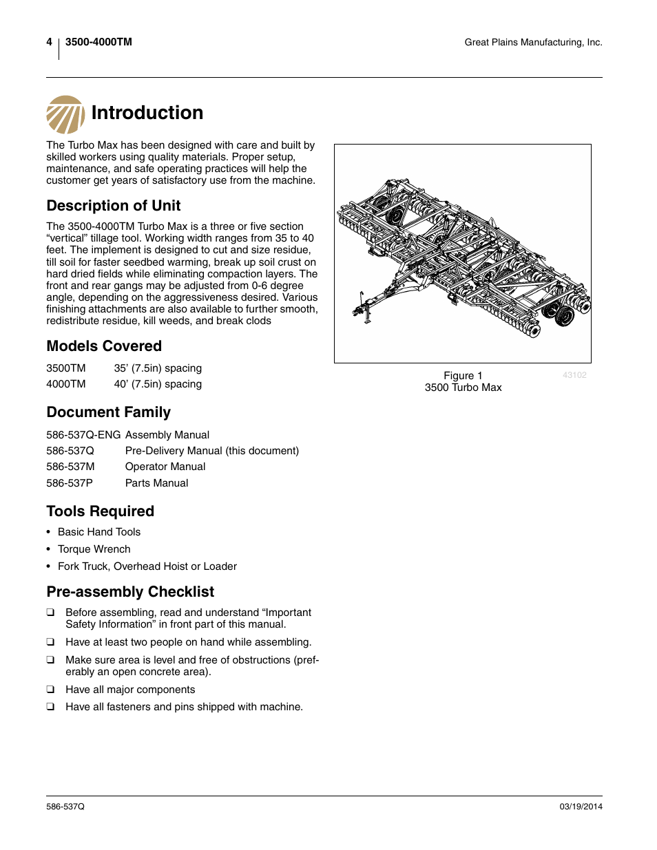 Introduction, Description of unit, Models covered | Document family, Tools required, Pre-assembly checklist, Models covered document family tools required | Great Plains 4000TM Predelivery Manual User Manual | Page 8 / 68