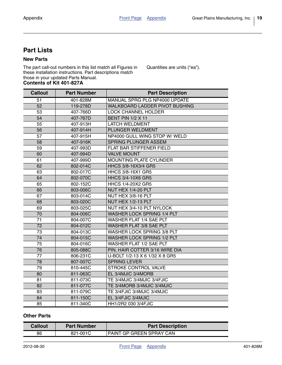 Part lists, New parts, Contents of kit 401-827a | Other parts, Ange 51 to 86, Contin, 993d flat bar stiffener field, 766d lock channel holder, 231c u-bolt 1/2-13 x 6 1/32 x 8 gr5, 015c washer lock spring 1/2 plt | Great Plains NP4000 Applicators User Manual | Page 19 / 20