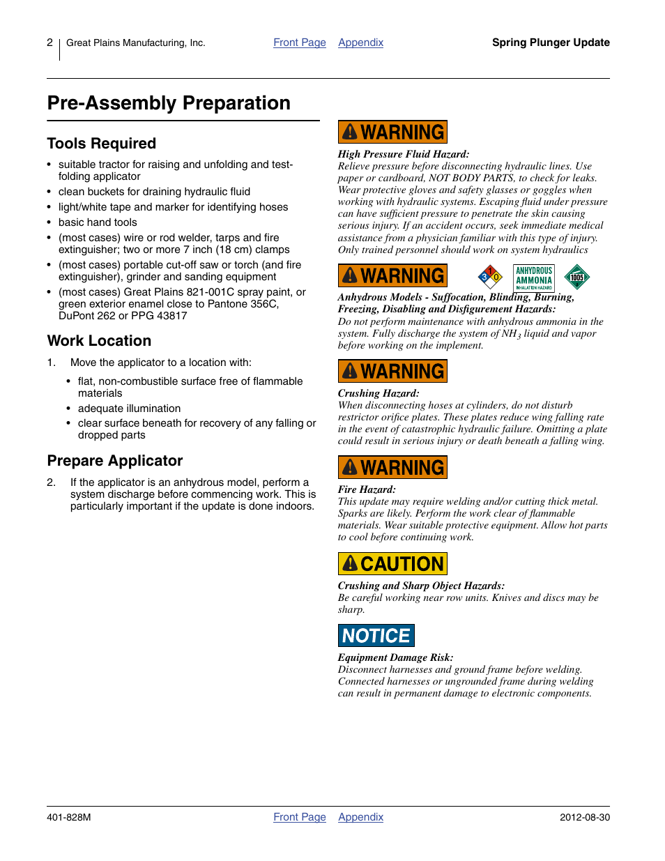 Pre-assembly preparation, Tools required, Work location | Prepare applicator | Great Plains NP4000 Applicators User Manual | Page 2 / 20