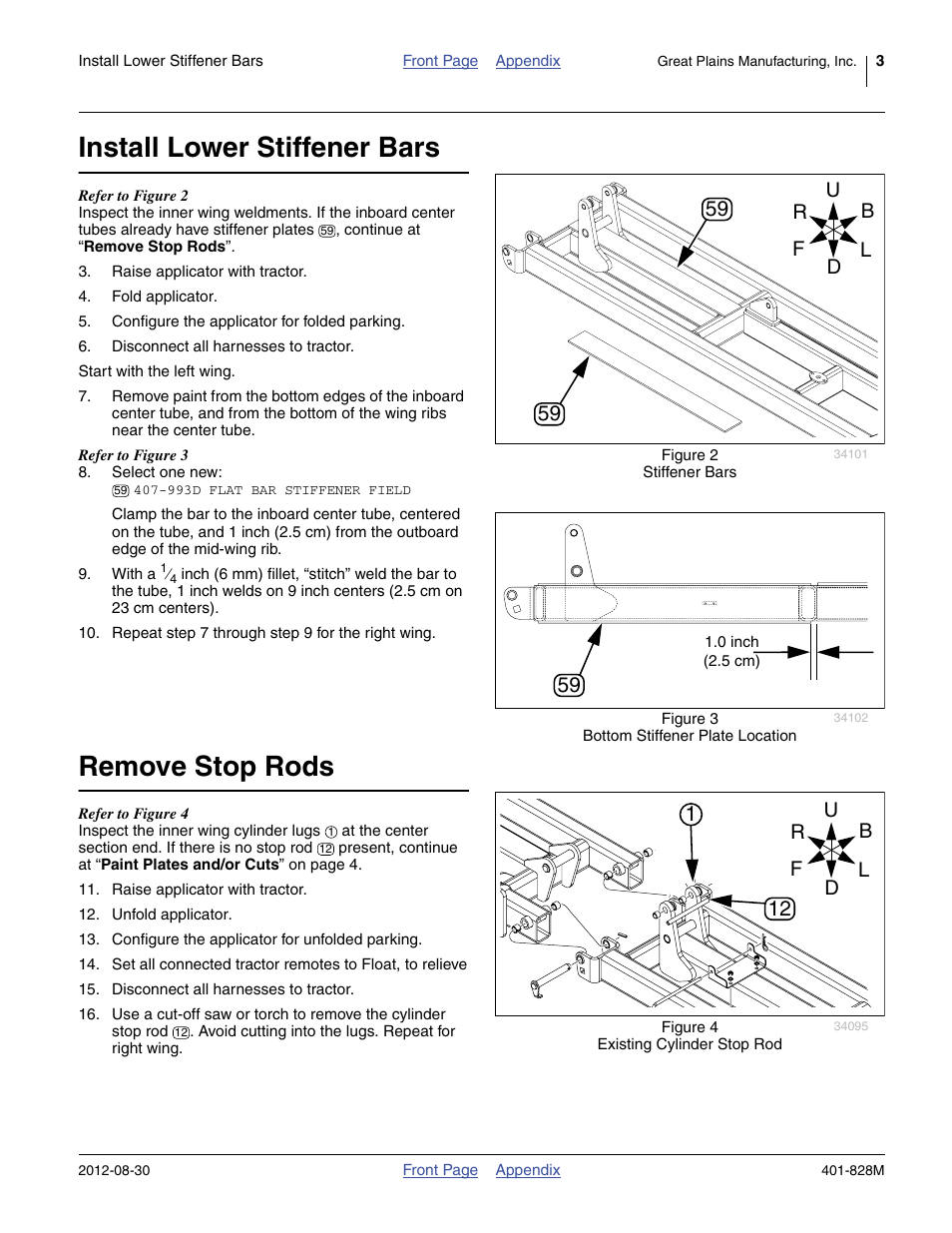 Install lower stiffener bars, Remove stop rods | Great Plains NP4000 Applicators User Manual | Page 3 / 20