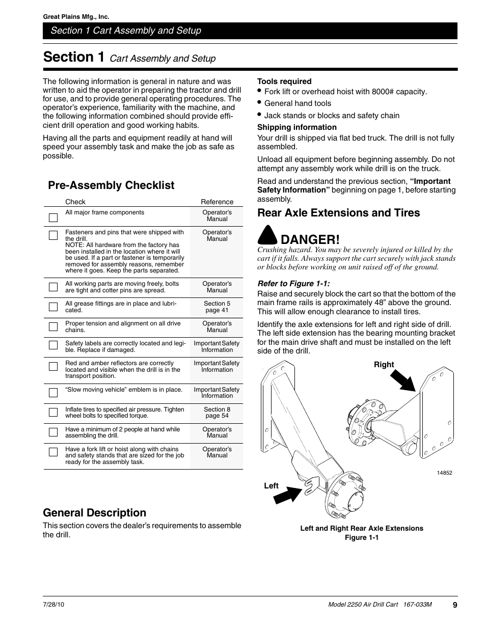 Danger, General description, Rear axle extensions and tires | Pre-assembly checklist, Cart assembly and setup | Great Plains ADC2250 Operator Manual User Manual | Page 11 / 58