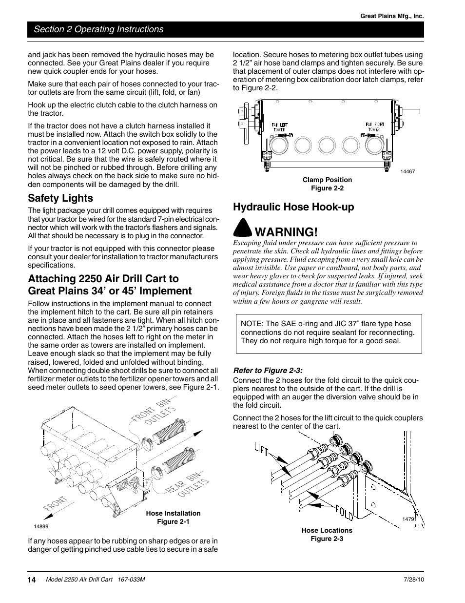Warning, Safety lights, Hydraulic hose hook-up | Great Plains ADC2250 Operator Manual User Manual | Page 16 / 58