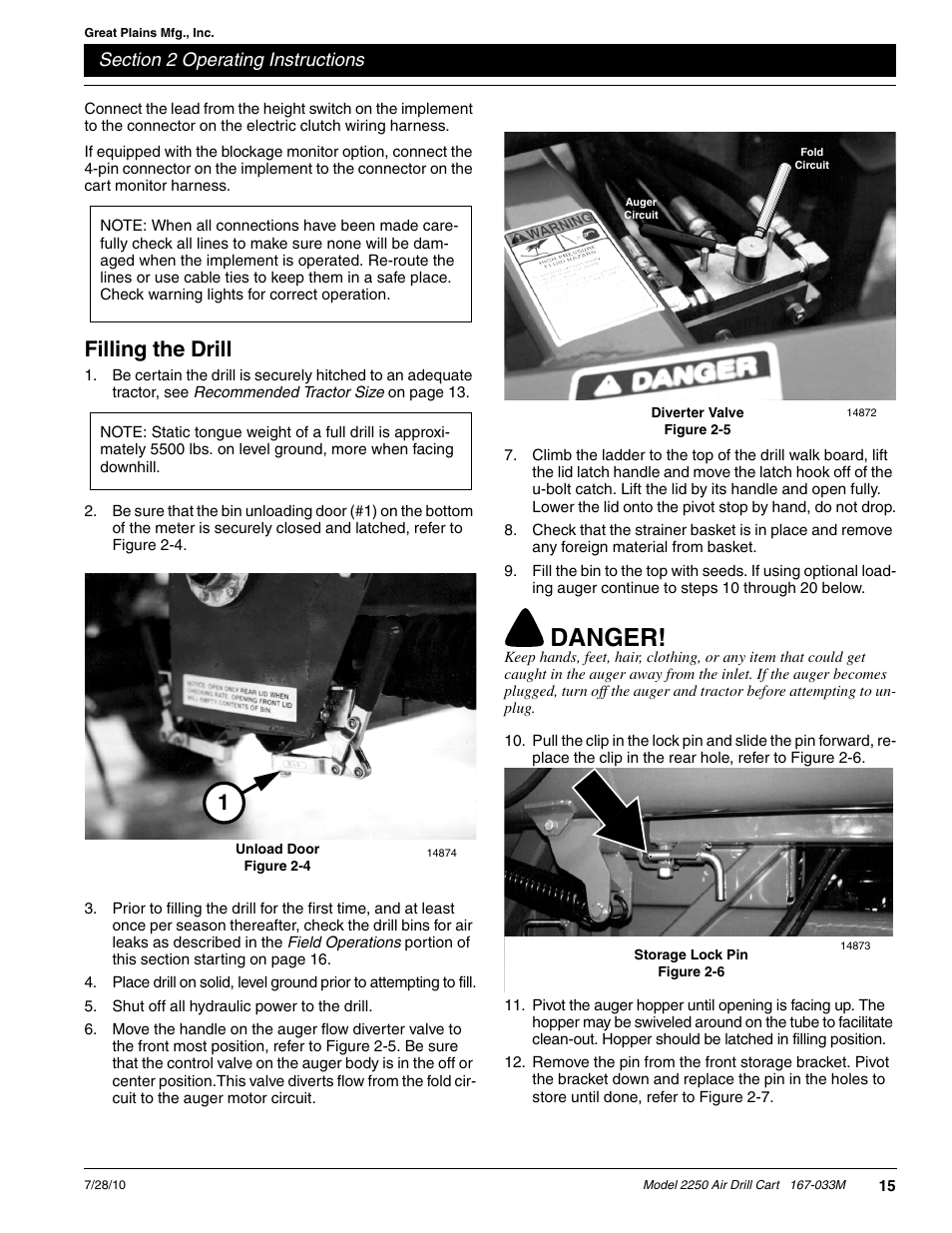 Danger, Filling the drill | Great Plains ADC2250 Operator Manual User Manual | Page 17 / 58