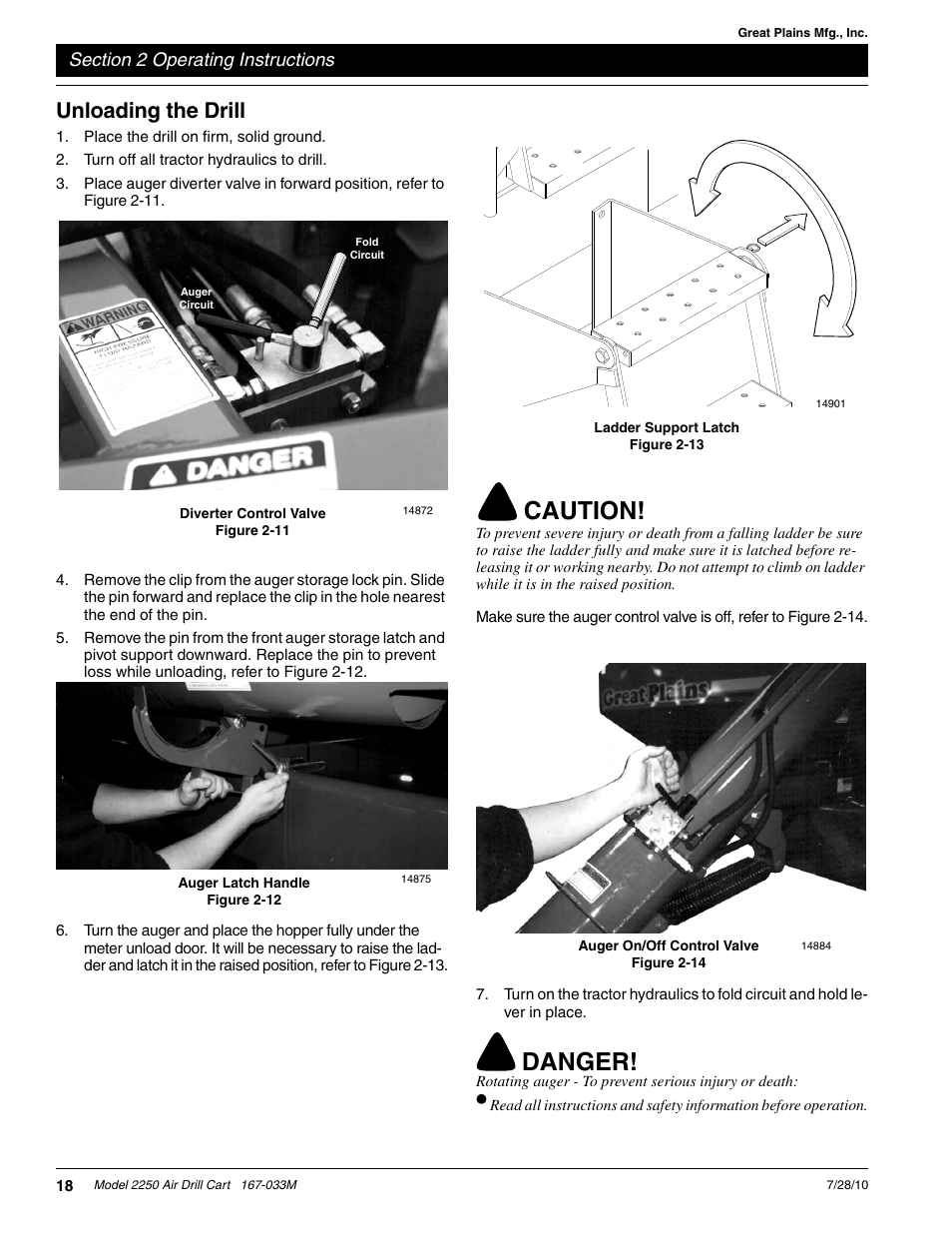 Caution, Danger, Unloading the drill | Great Plains ADC2250 Operator Manual User Manual | Page 20 / 58