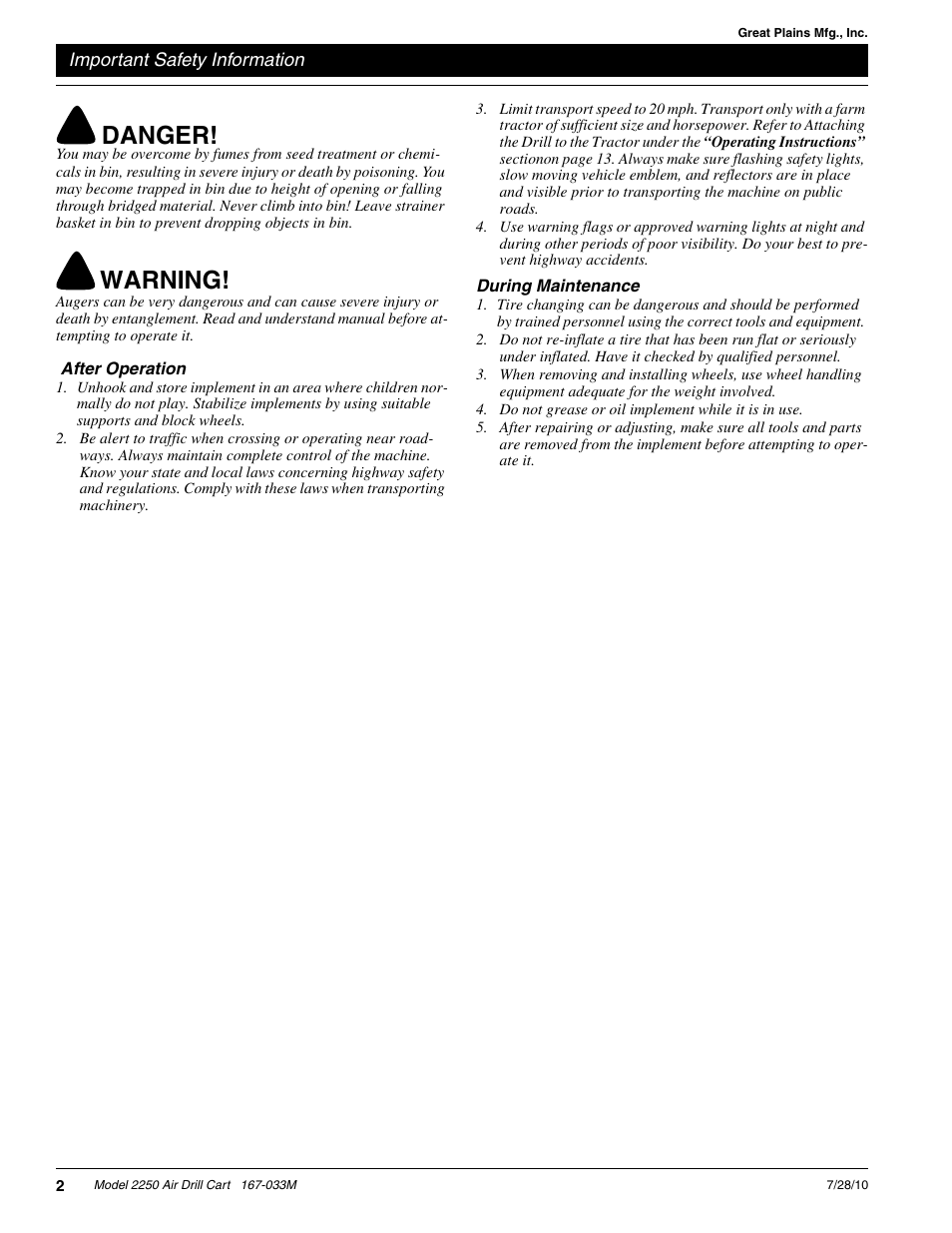 Danger, Warning | Great Plains ADC2250 Operator Manual User Manual | Page 4 / 58