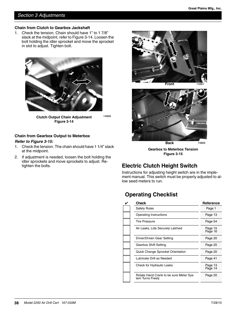 Electric clutch height switch, Operating checklist | Great Plains ADC2250 Operator Manual User Manual | Page 40 / 58