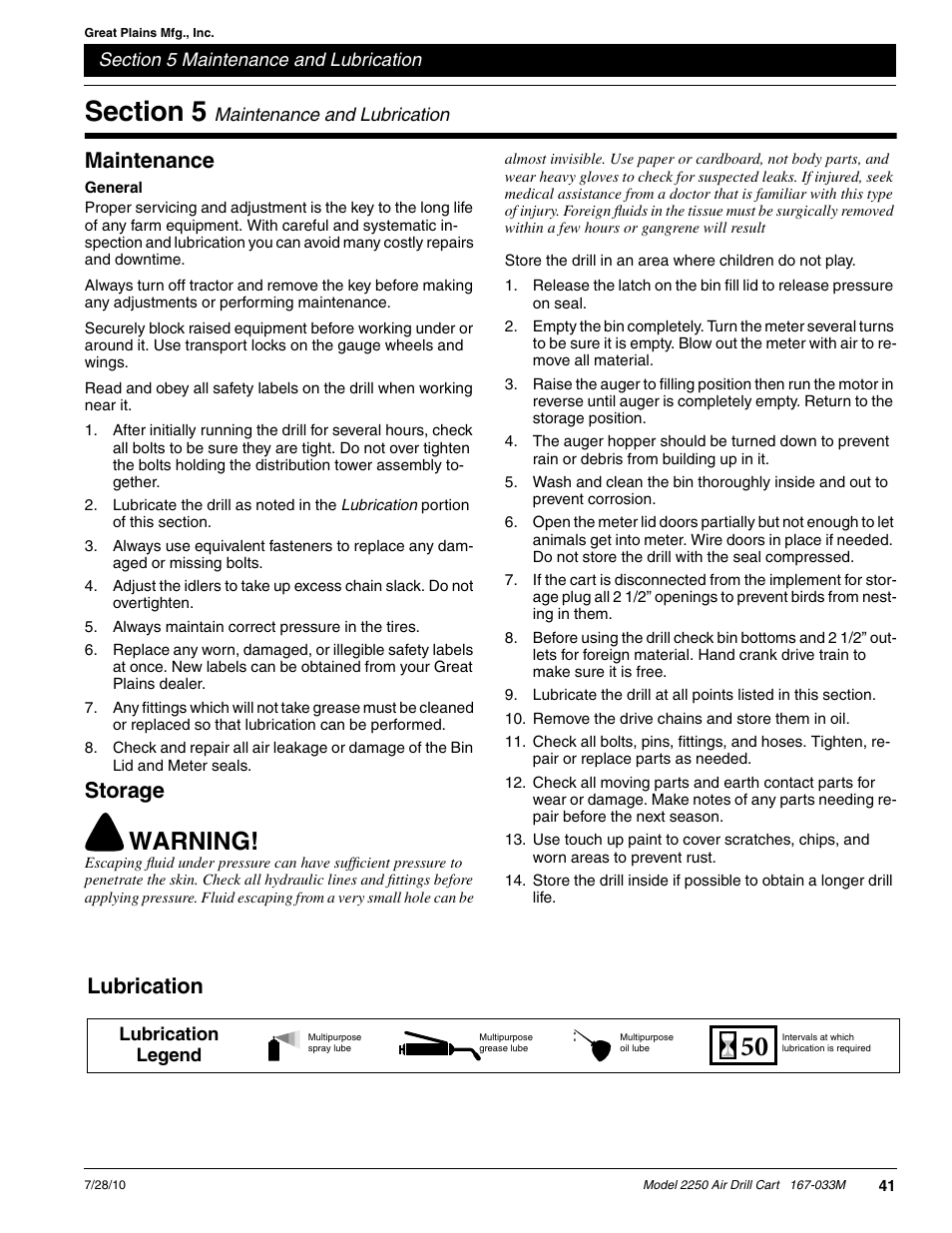 Warning, Maintenance, Storage | Lubrication | Great Plains ADC2250 Operator Manual User Manual | Page 43 / 58