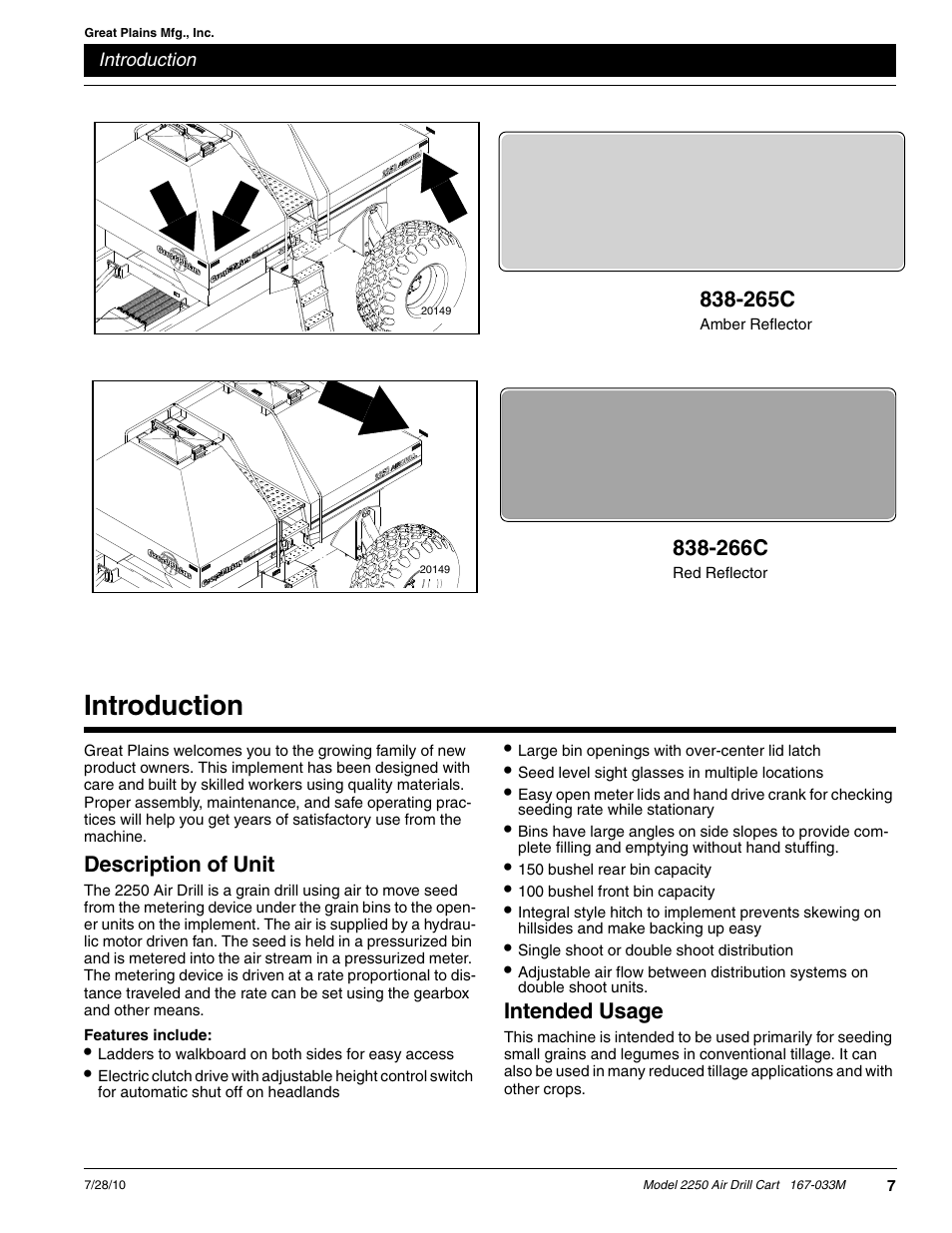 Introduction, Intended usage, Description of unit | 266c, 265c | Great Plains ADC2250 Operator Manual User Manual | Page 9 / 58