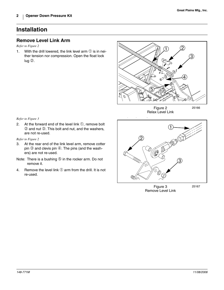 Installation, Remove level link arm | Great Plains V300 Assembly Instructions User Manual | Page 2 / 30