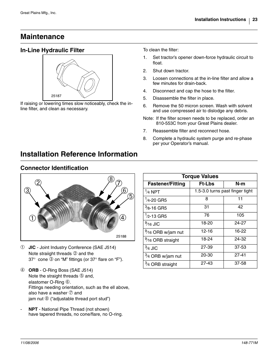 Maintenance, In-line hydraulic filter, Installation reference information | Connector identification | Great Plains V300 Assembly Instructions User Manual | Page 23 / 30