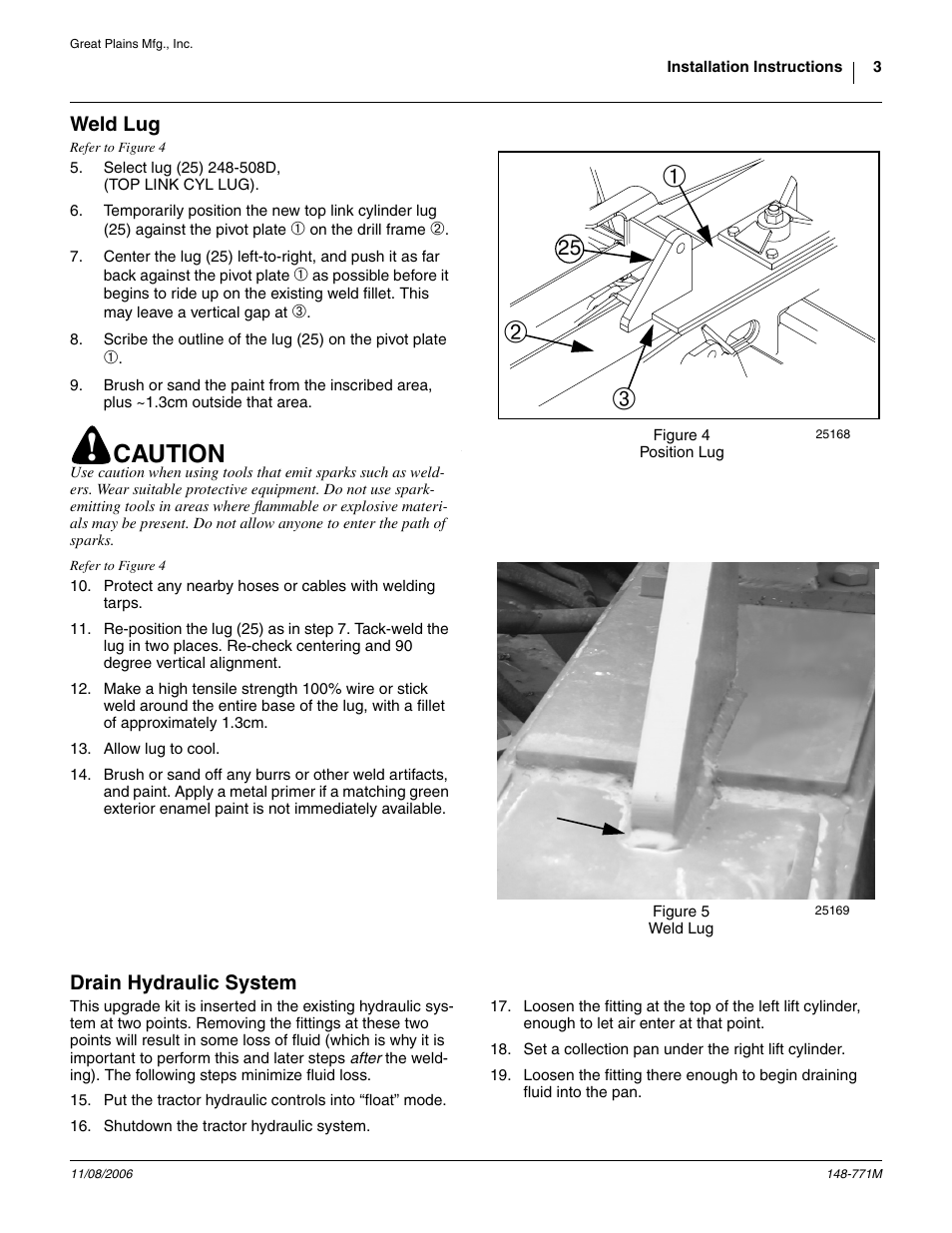 Weld lug, Drain hydraulic system, Caution | Great Plains V300 Assembly Instructions User Manual | Page 3 / 30