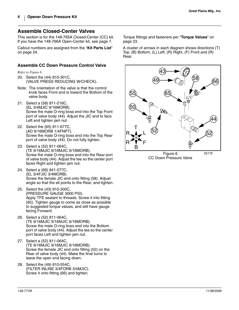 Assemble closed-center valves, Assemble cc down pressure control valve | Great Plains V300 Assembly Instructions User Manual | Page 4 / 30