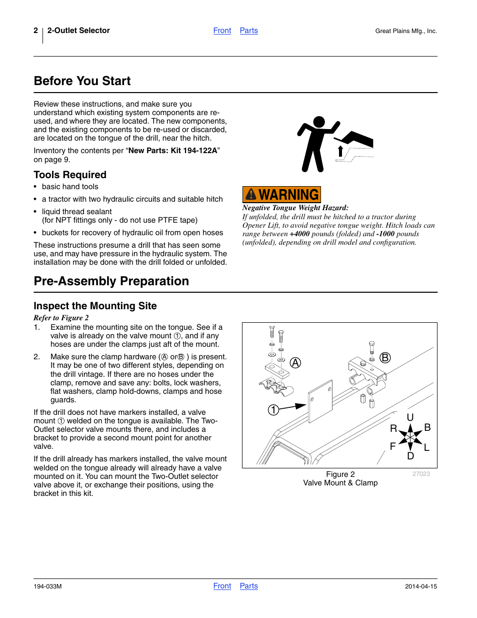 Before you start, Tools required, Pre-assembly preparation | Inspect the mounting site, 1a b | Great Plains Hydraulic Kit User Manual | Page 2 / 10