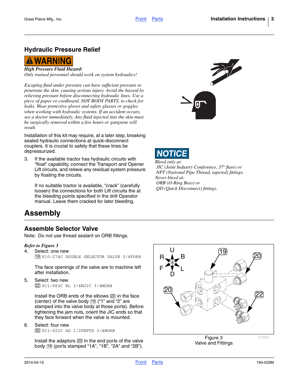 Hydraulic pressure relief, Assembly, Assemble selector valve | Great Plains Hydraulic Kit User Manual | Page 3 / 10