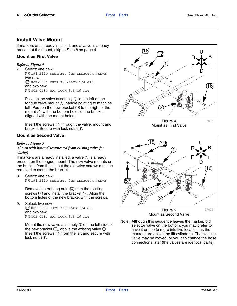 Install valve mount, Mount as first valve, Mount as second valve | Great Plains Hydraulic Kit User Manual | Page 4 / 10