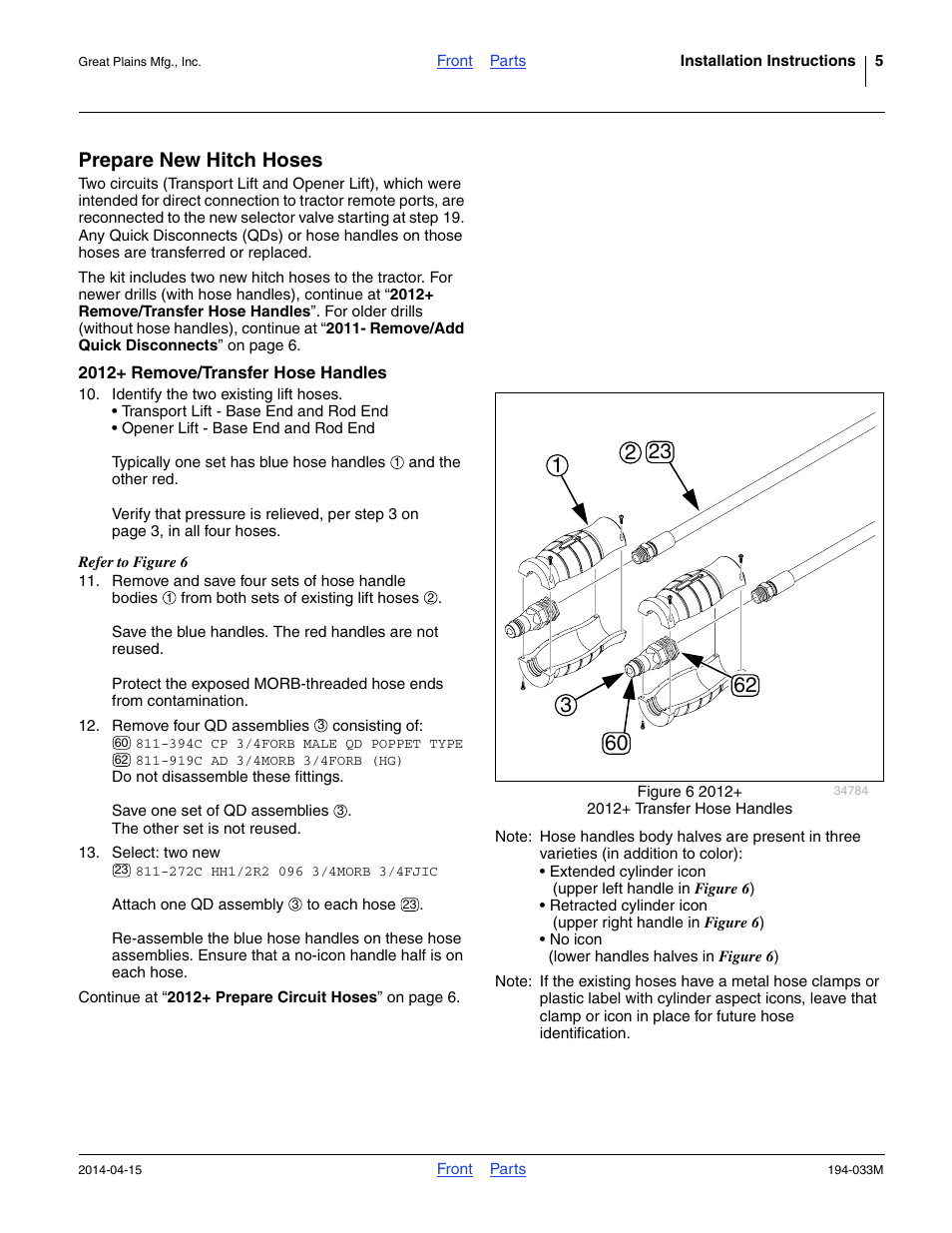 Prepare new hitch hoses, 2012+ remove/transfer hose handles | Great Plains Hydraulic Kit User Manual | Page 5 / 10