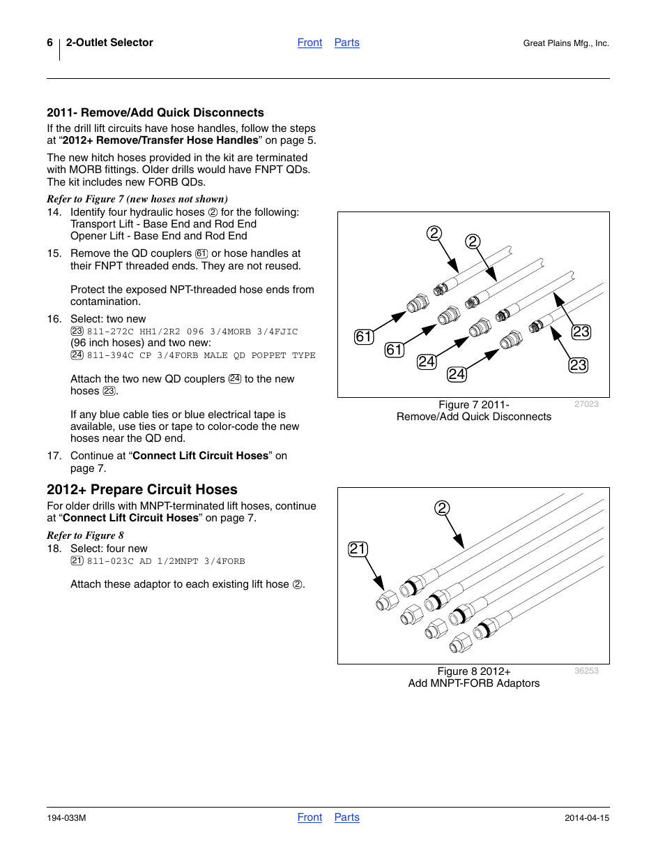 2011- remove/add quick disconnects, 2012+ prepare circuit hoses | Great Plains Hydraulic Kit User Manual | Page 6 / 10