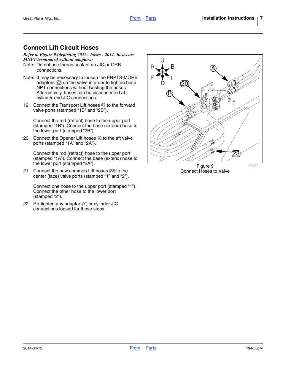 Connect lift circuit hoses, Step 19, Ue at “ connect lift circuit hoses ” on | Ba 23 20 | Great Plains Hydraulic Kit User Manual | Page 7 / 10