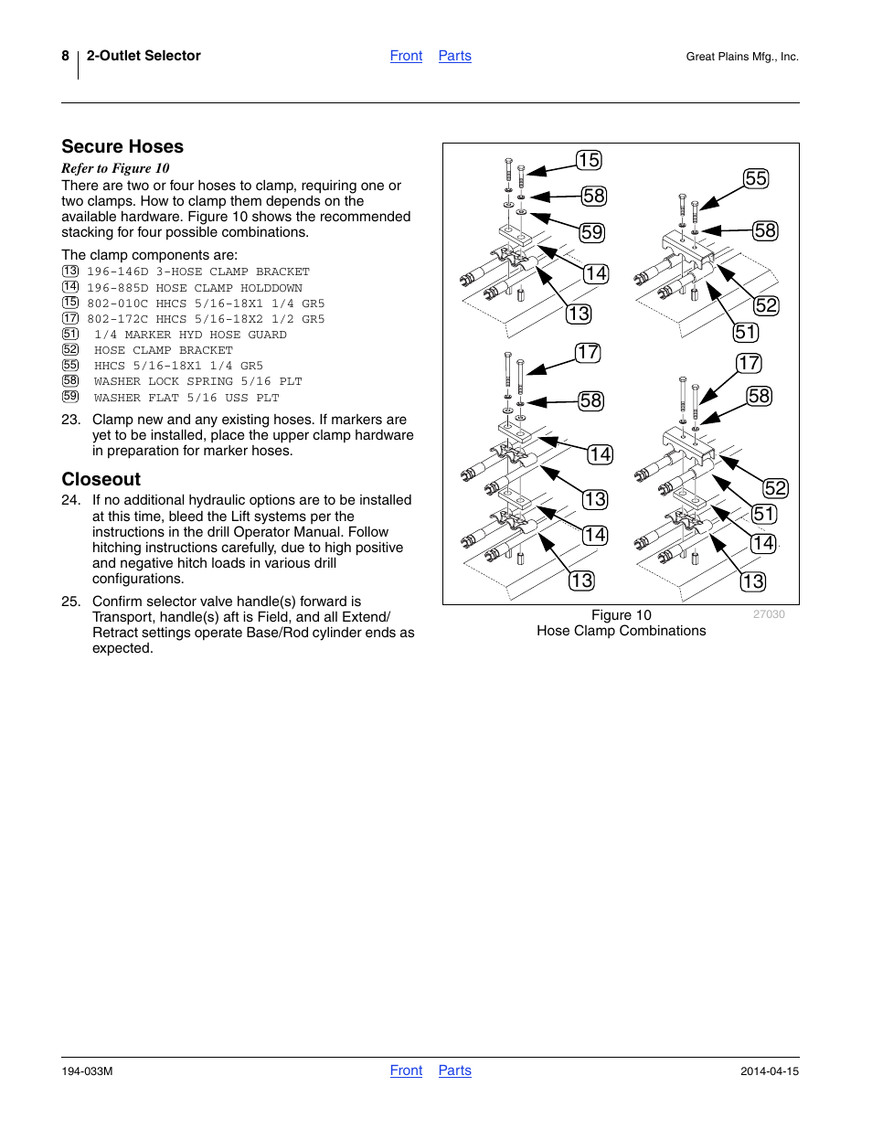 Secure hoses, Closeout | Great Plains Hydraulic Kit User Manual | Page 8 / 10