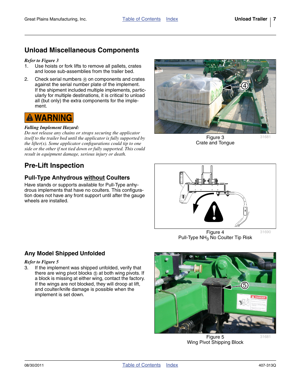 Unload miscellaneous components, Pre-lift inspection, Pull-type anhydrous without coulters | Any model shipped unfolded | Great Plains NP30A 30-foot Predelivery Manual User Manual | Page 11 / 50