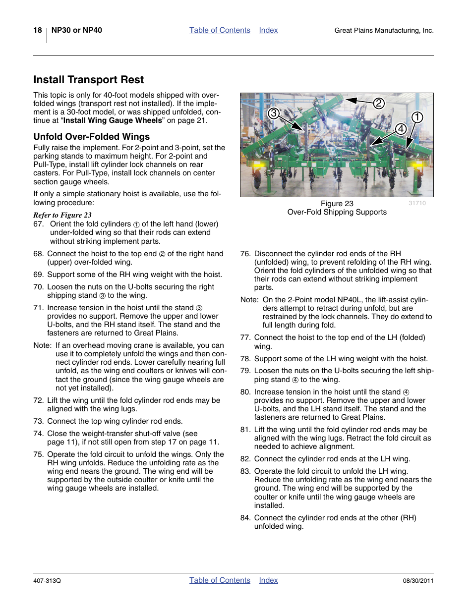 Install transport rest, Unfold over-folded wings | Great Plains NP30A 30-foot Predelivery Manual User Manual | Page 22 / 50