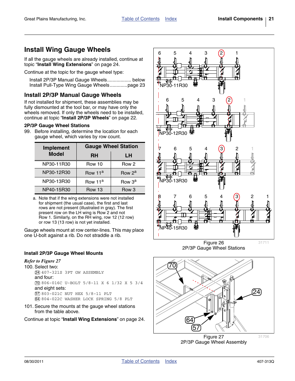 Install wing gauge wheels, Install 2p/3p manual gauge wheels, 2p/3p gauge wheel stations | Install 2p/3p gauge wheel mounts | Great Plains NP30A 30-foot Predelivery Manual User Manual | Page 25 / 50
