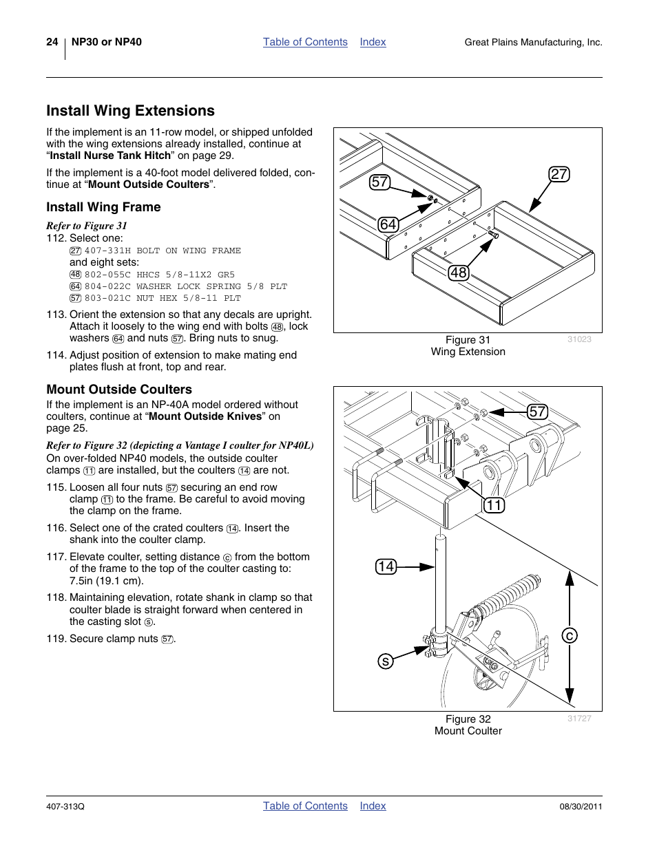Install wing extensions, Install wing frame, Mount outside coulters | Install wing frame mount outside coulters | Great Plains NP30A 30-foot Predelivery Manual User Manual | Page 28 / 50