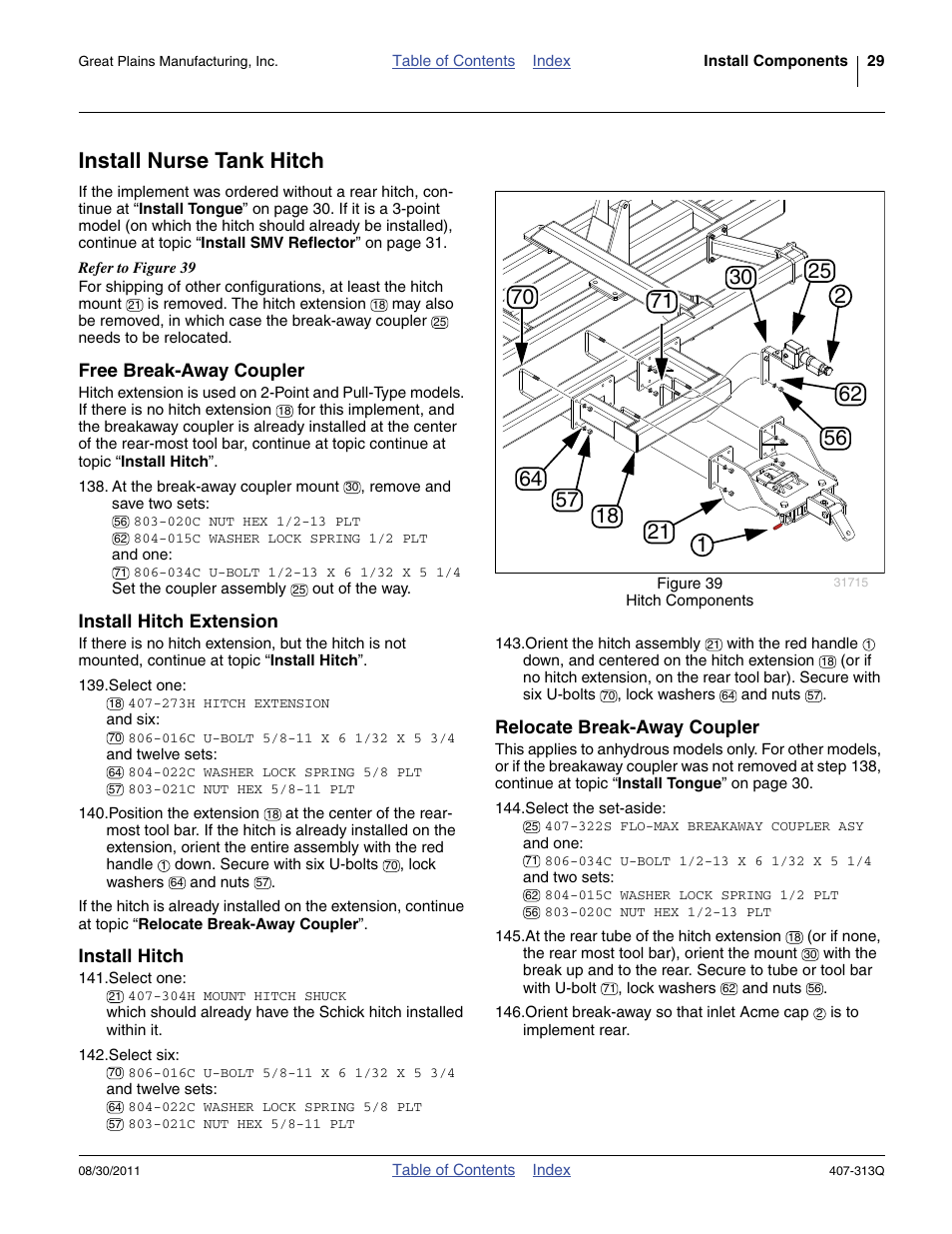 Install nurse tank hitch, Free break-away coupler, Install hitch extension | Install hitch, Relocate break-away coupler | Great Plains NP30A 30-foot Predelivery Manual User Manual | Page 33 / 50