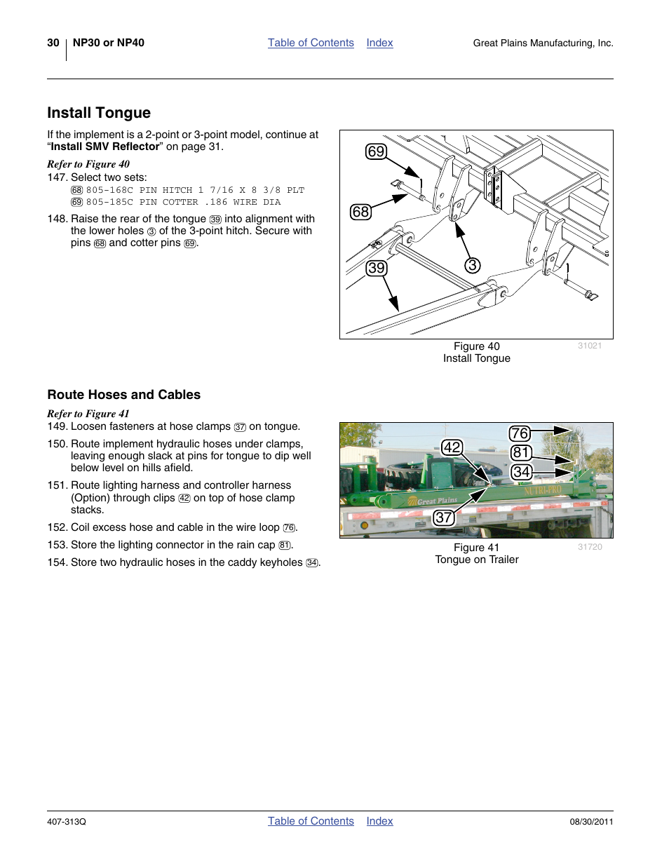 Install tongue, Route hoses and cables | Great Plains NP30A 30-foot Predelivery Manual User Manual | Page 34 / 50