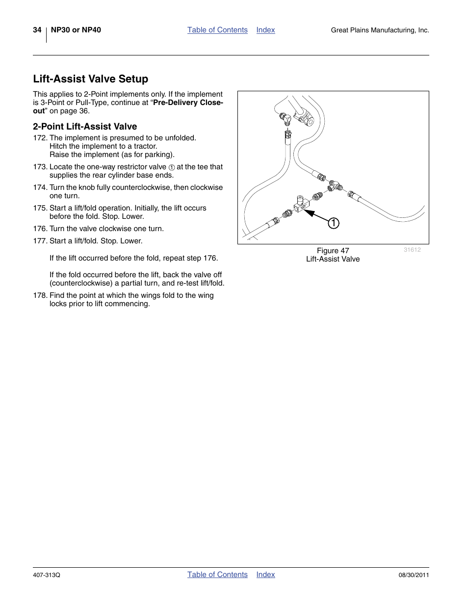 Lift-assist valve setup, Point lift-assist valve | Great Plains NP30A 30-foot Predelivery Manual User Manual | Page 38 / 50