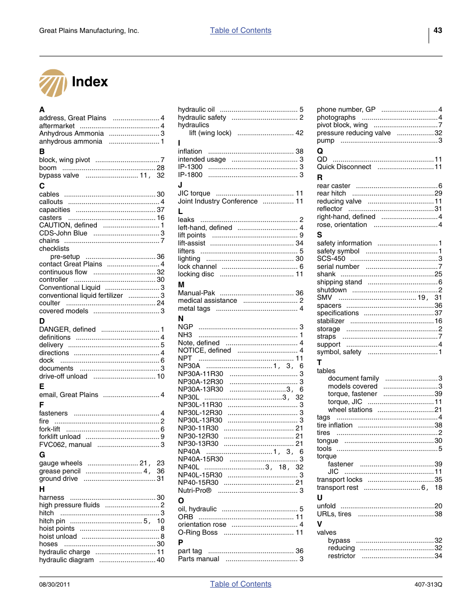 Index | Great Plains NP30A 30-foot Predelivery Manual User Manual | Page 47 / 50