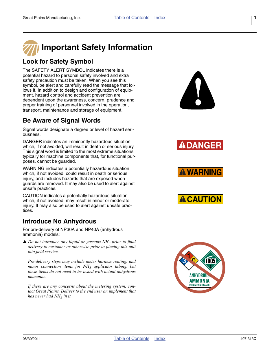Important safety information, Look for safety symbol, Be aware of signal words | Introduce no anhydrous | Great Plains NP30A 30-foot Predelivery Manual User Manual | Page 5 / 50