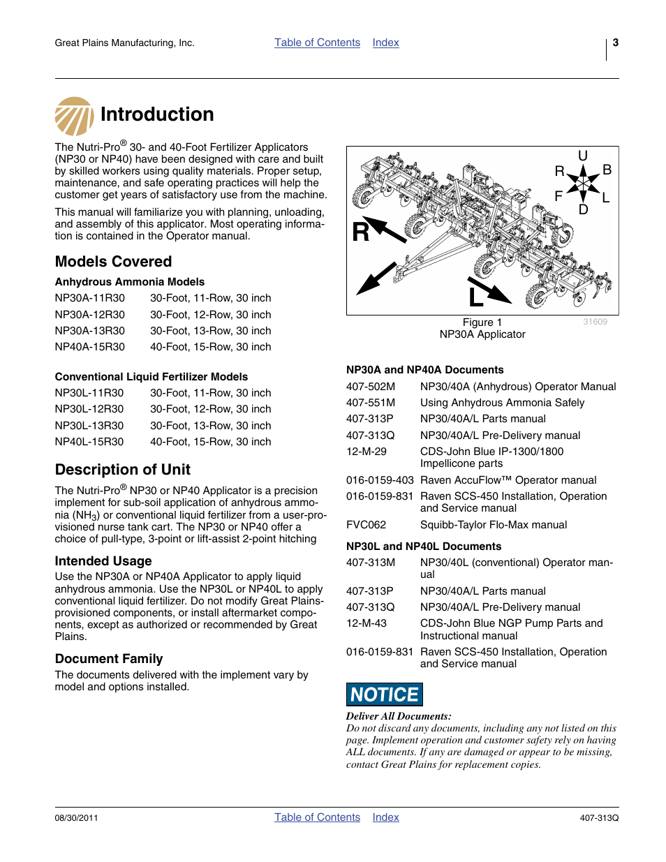 Introduction, Models covered, Anhydrous ammonia models | Conventional liquid fertilizer models, Description of unit, Intended usage, Document family, Np30a and np40a documents, Np30l and np40l documents, Introduction models covered description of unit | Great Plains NP30A 30-foot Predelivery Manual User Manual | Page 7 / 50